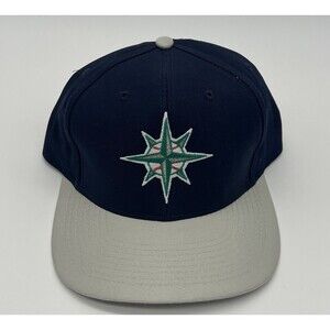 Vtg 90’s Logo 7 Seattle Mariners MLB Silver Brim Throwback Logo Snapback Hat Cap